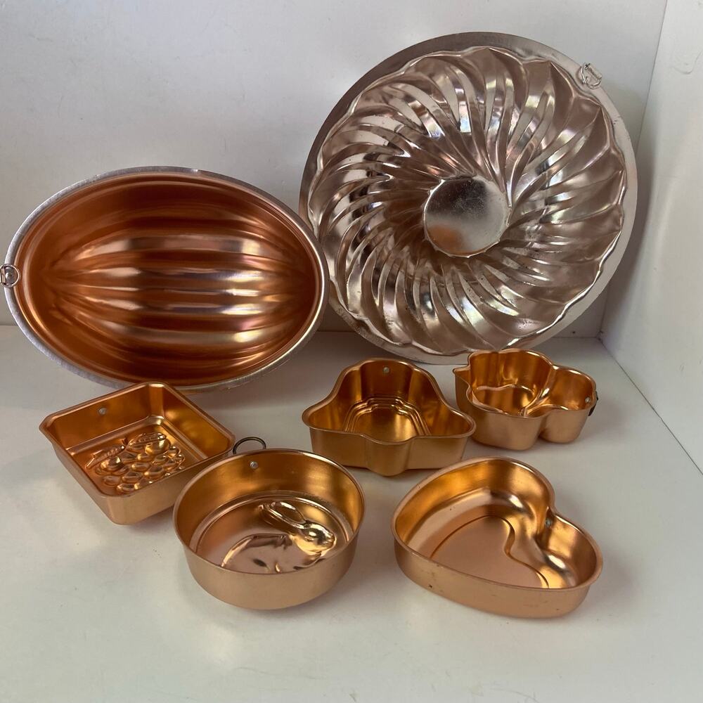 Vintage Copper Jello Mold Set 7 Reusable Asst Shapes Heart Oval Round AHC 1963